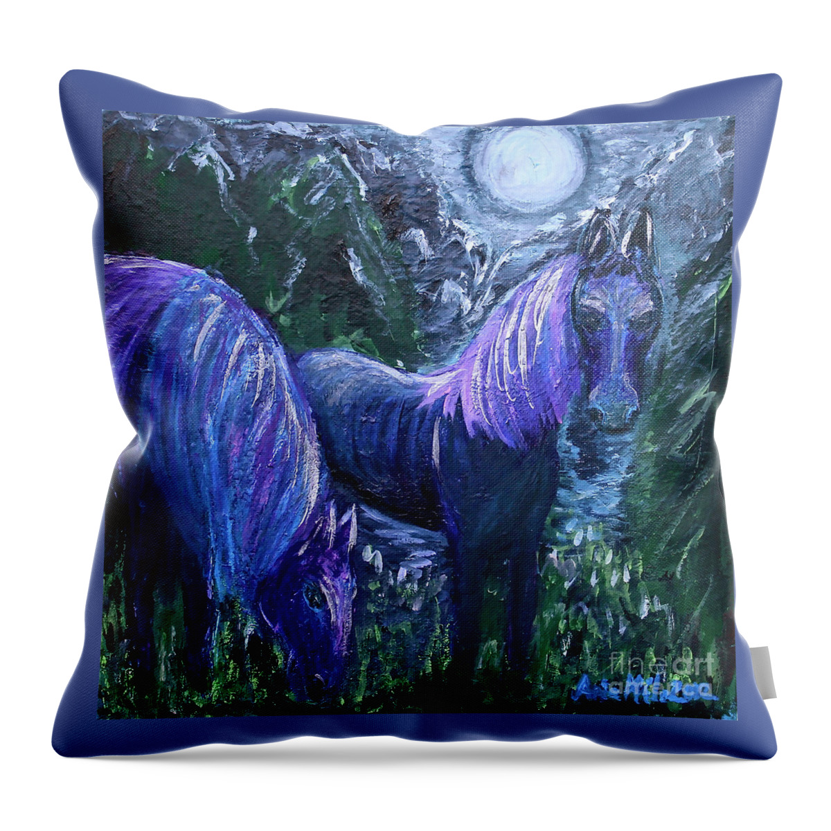 Horses Throw Pillow featuring the painting Midnight Feed by Ania M Milo
