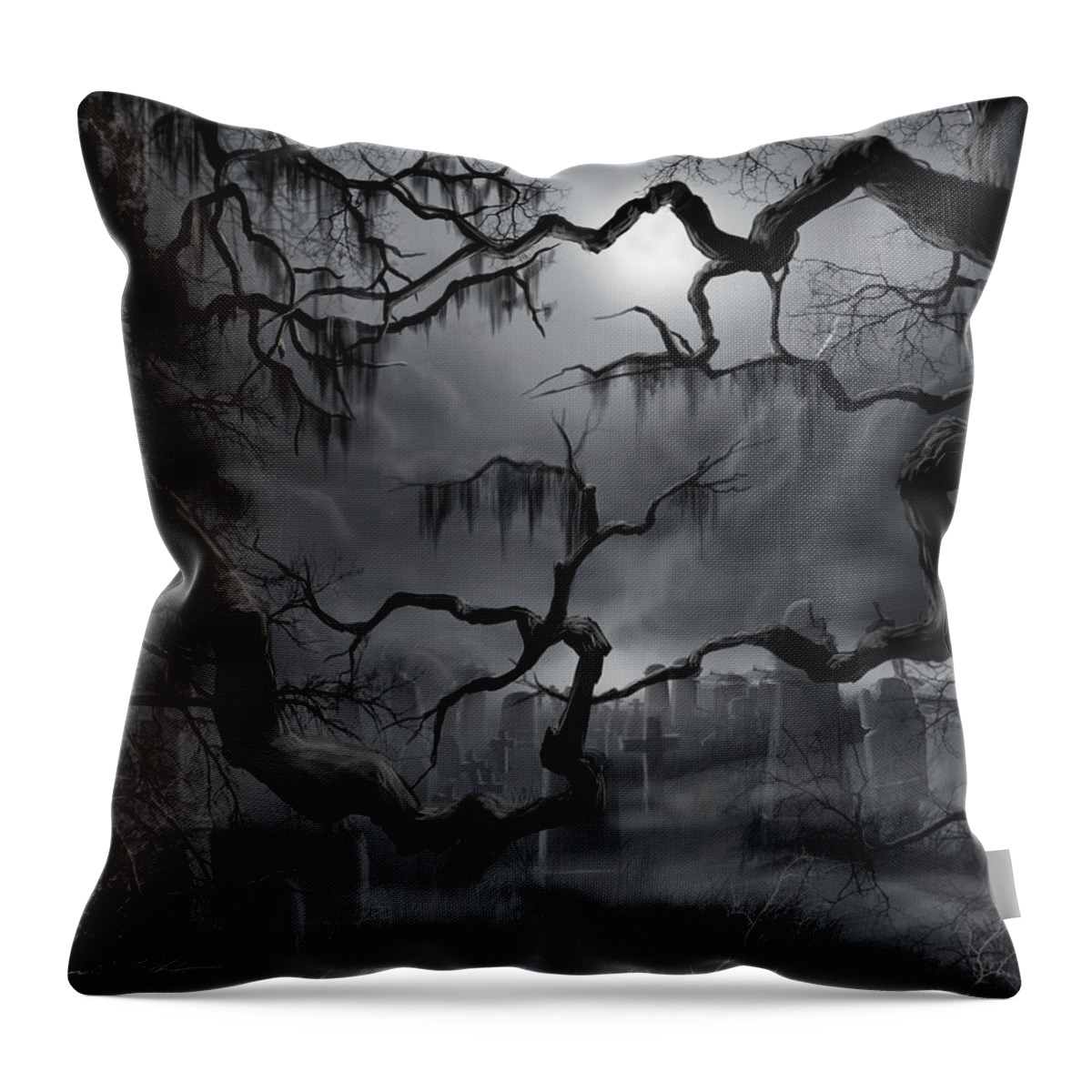 Gothic Art Throw Pillow featuring the painting Midnight in the Graveyard II by James Hill