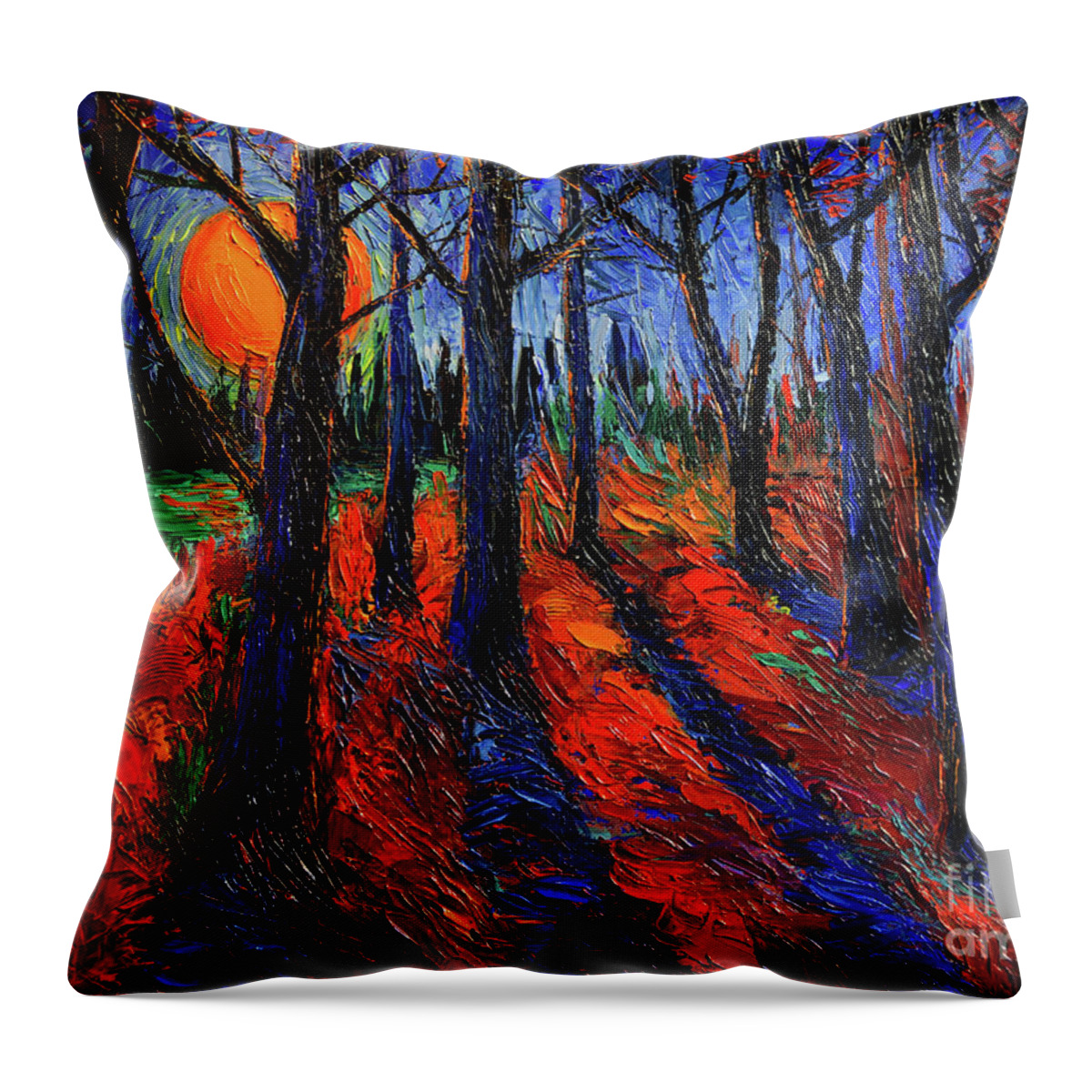 Midnight Sun Wood Throw Pillow featuring the painting MIDNIGHT SUN WOOD modern impressionist palette knife oil painting by Mona Edulesco by Mona Edulesco