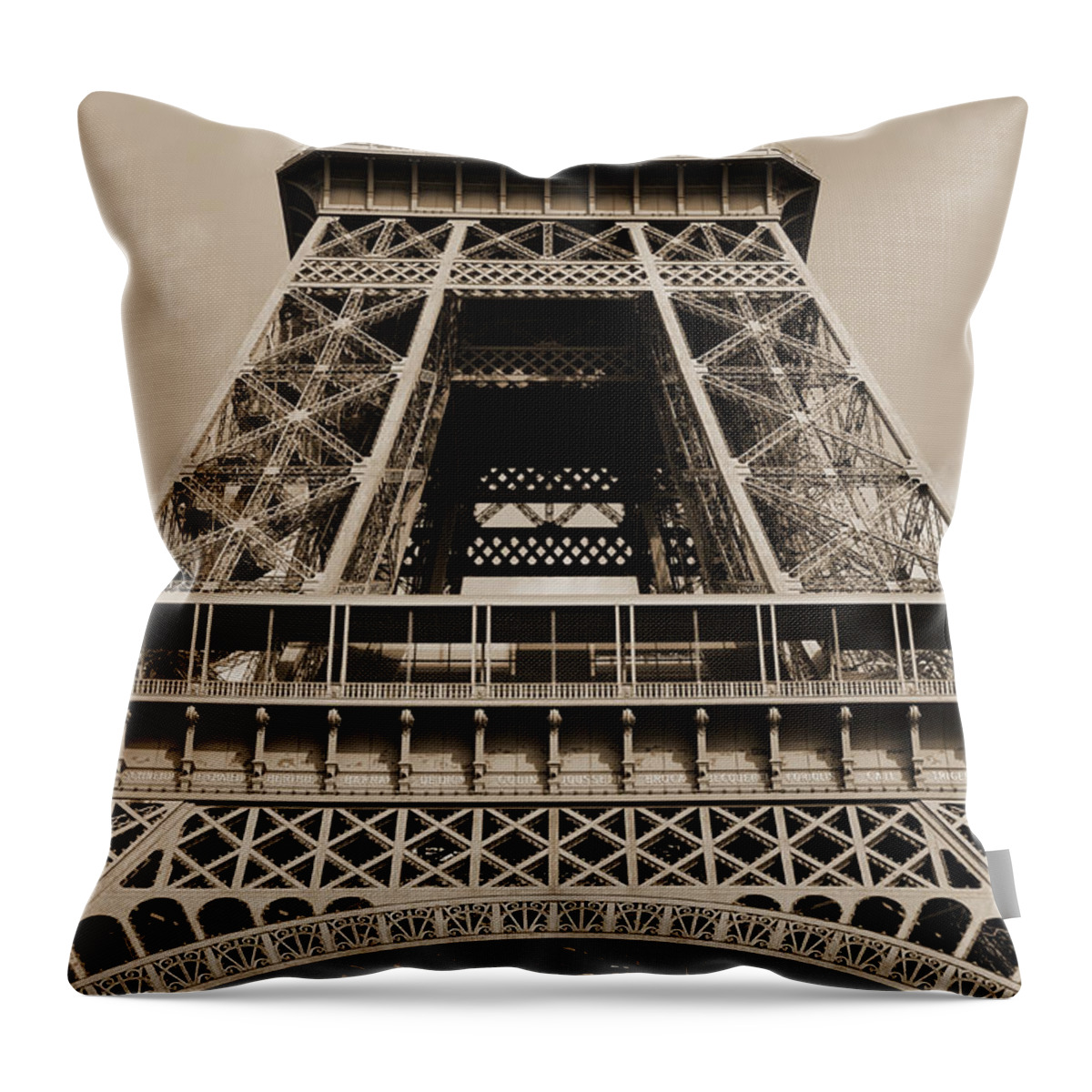 Travelpixpro Throw Pillow featuring the photograph Midsection First and Second Levels of the Eiffel Tower Paris France Sepia by Shawn O'Brien