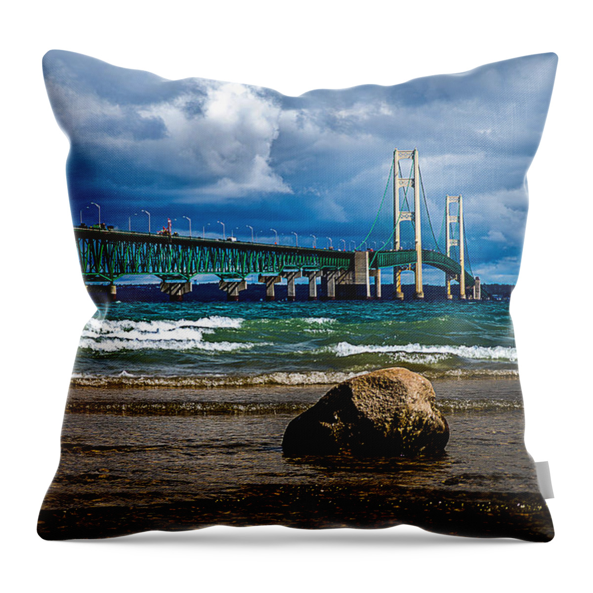 Mackinaw Bridge Throw Pillow featuring the photograph Mighty Mac by Rick Bartrand