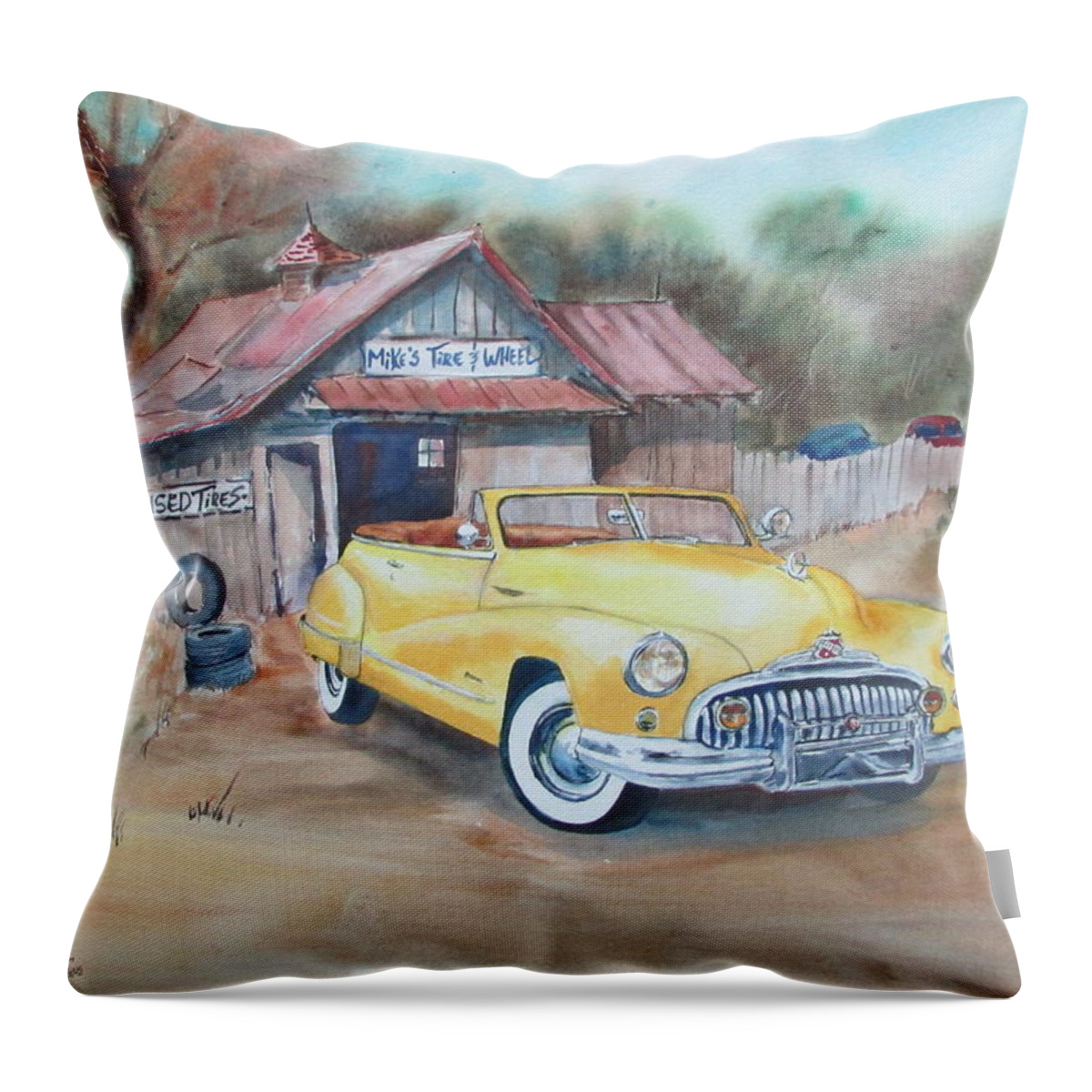 Old Car Throw Pillow featuring the painting Mikes Tires by Bobby Walters