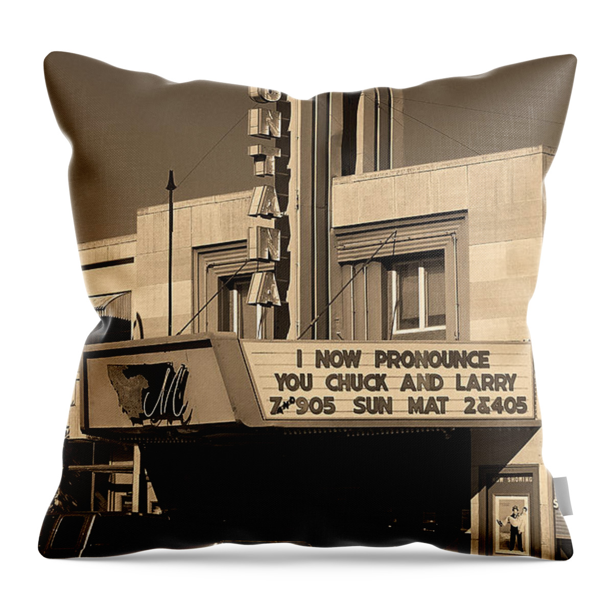 America Throw Pillow featuring the photograph Miles City, Montana - Theater Sepia by Frank Romeo