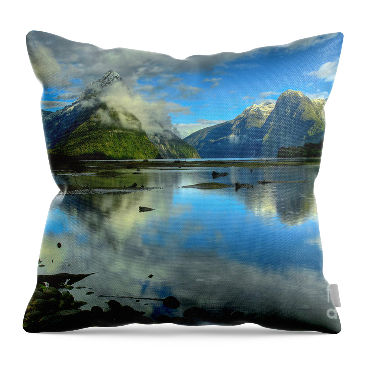 Milford Sound Throw Pillow featuring the photograph Milford Sound by Peter Kennett