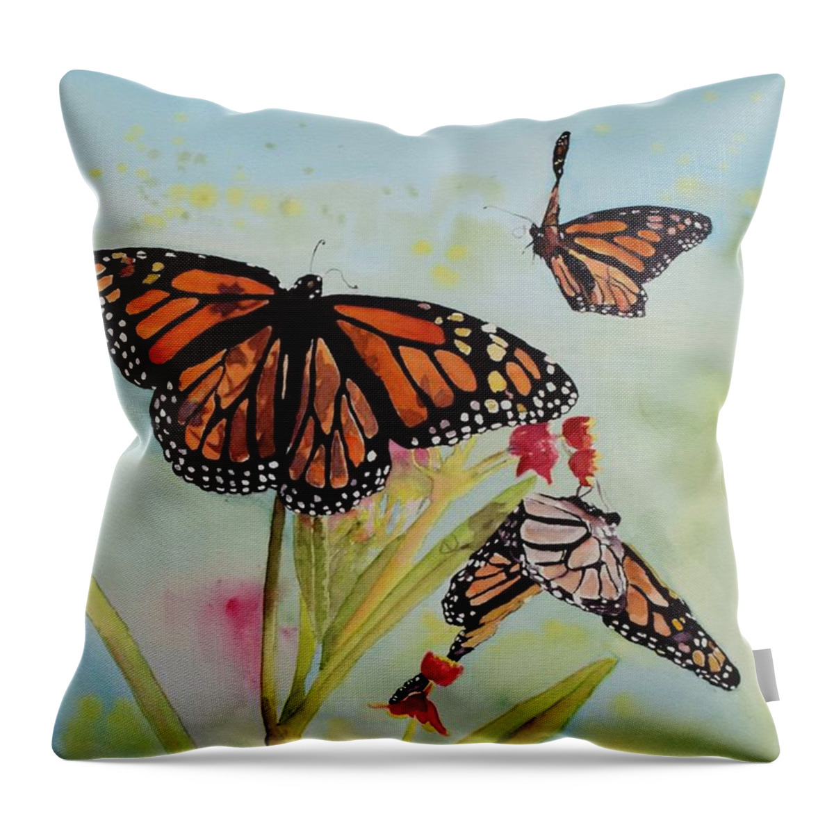 Monarchs Throw Pillow featuring the painting Milkweed Party by Celene Terry