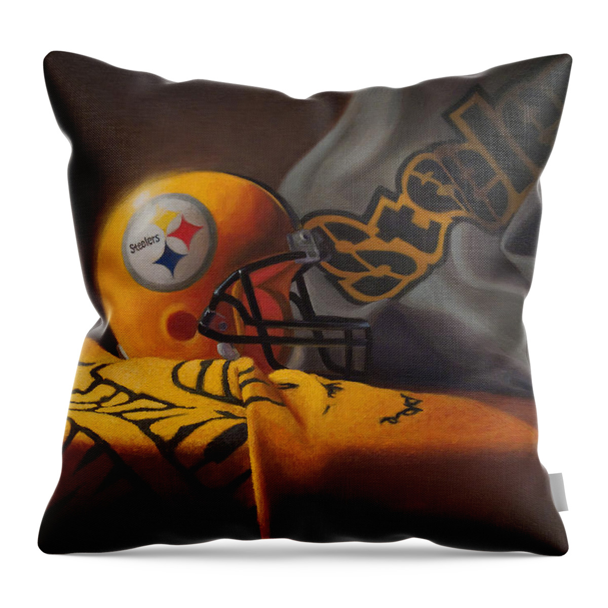 Steelers Throw Pillow featuring the painting Mini Helmet Commemorative Edition by Joe Winkler