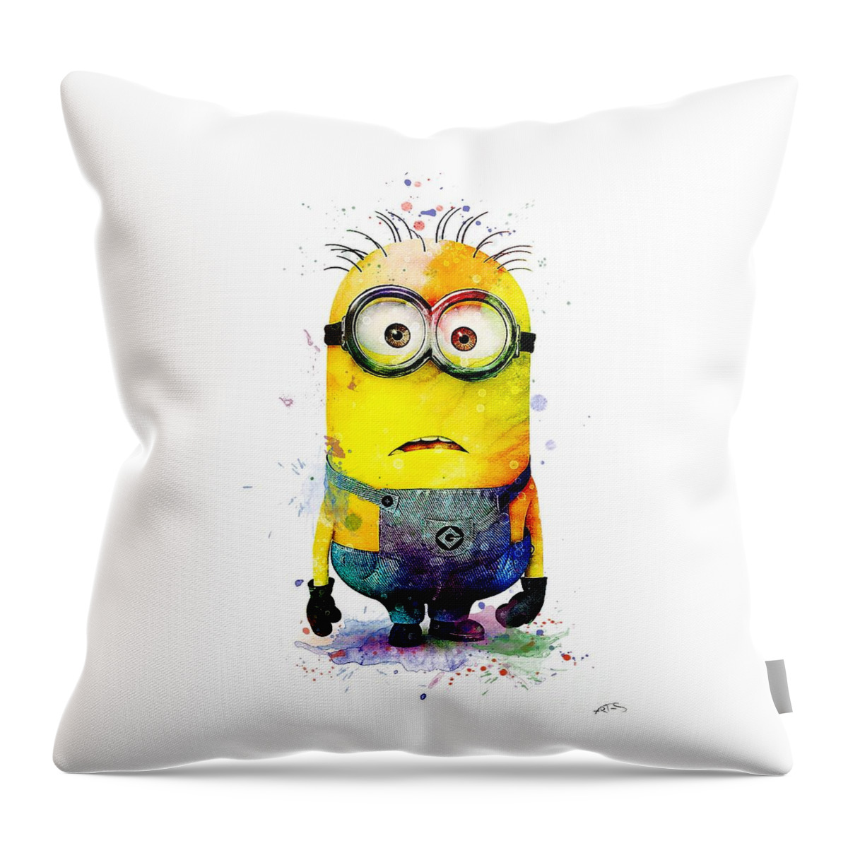 Watercolor Print Throw Pillow featuring the digital art Surprised Minion Watercolor Artwork by White Lotus