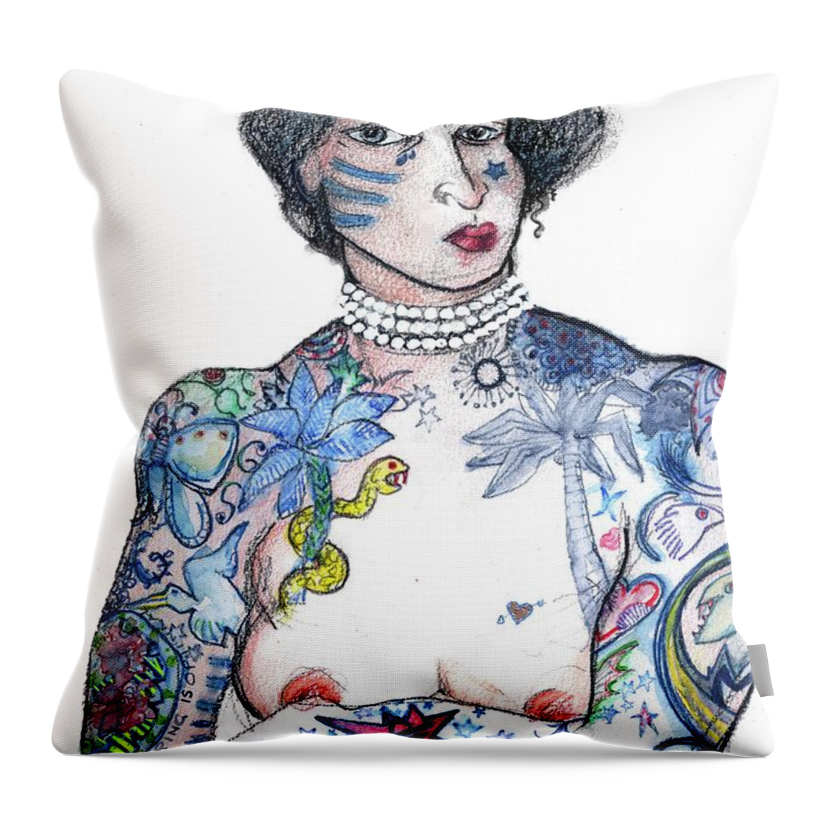 Maud Wagner Throw Pillow featuring the mixed media Minnie - An Homage to Maud Wagner, Tattoos by Carolyn Weltman