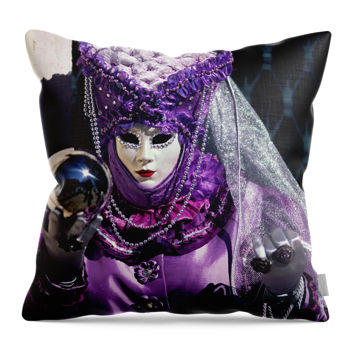 Carnevale Throw Pillow featuring the photograph Mirror globe and Violet Mask by Riccardo Mottola