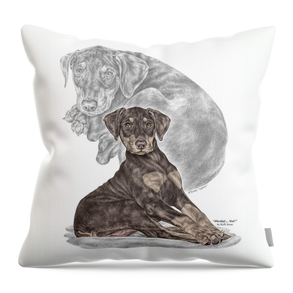 Red Doberman Throw Pillow featuring the drawing Mischief ... Moi? - Doberman Pinscher Puppy - color tinted by Kelli Swan