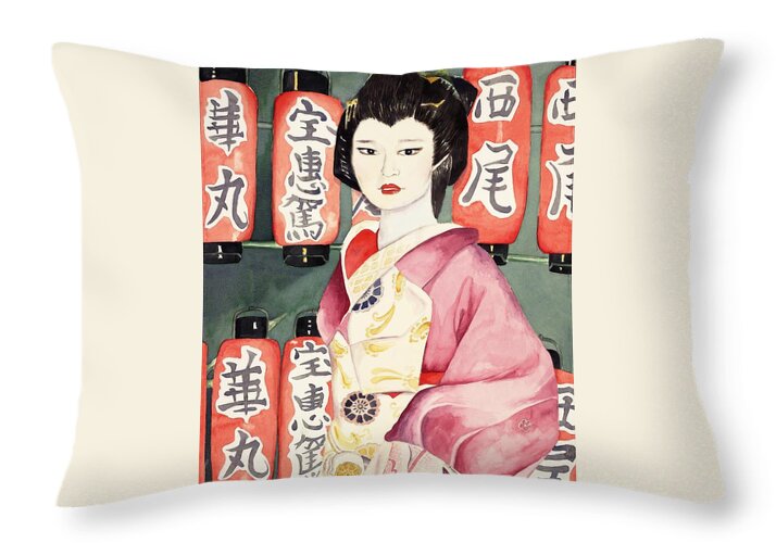 Geisha In Kimono With Red Lanterns Throw Pillow featuring the painting Miss Hanamaru at Osaka Festival by Judy Swerlick