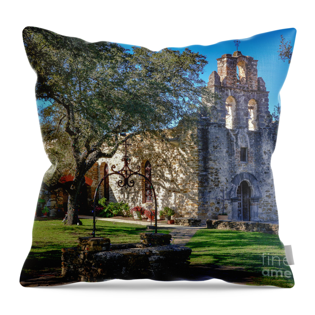 Mission Throw Pillow featuring the pyrography Mission Espada by David Meznarich