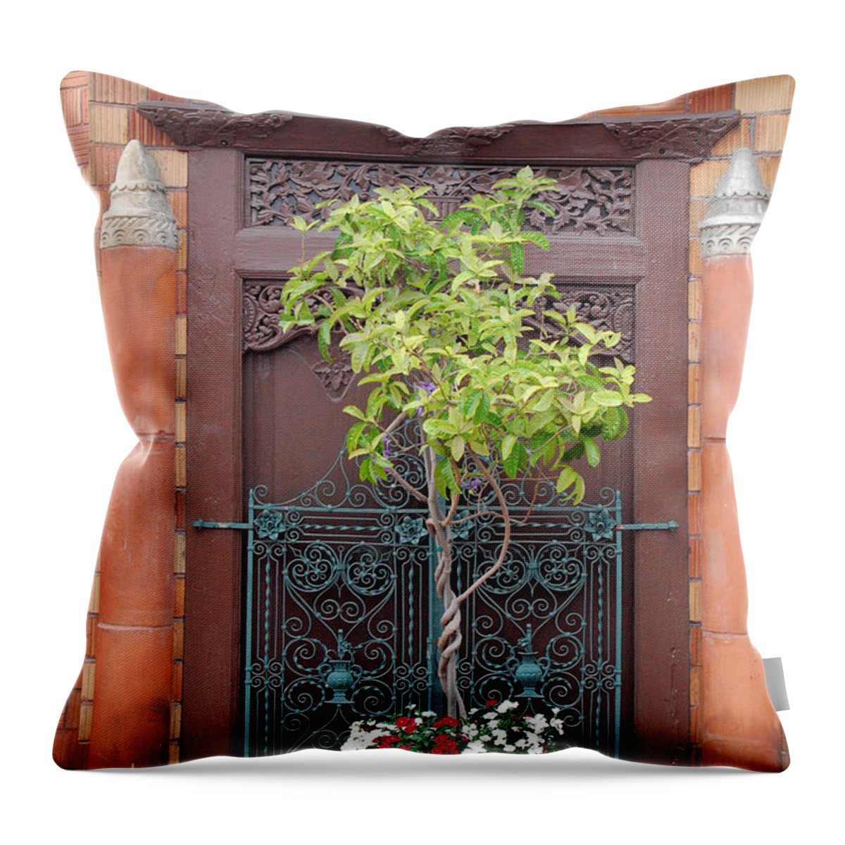 Mission Inn Throw Pillow featuring the photograph Mission Inn Doorway by Amy Fose