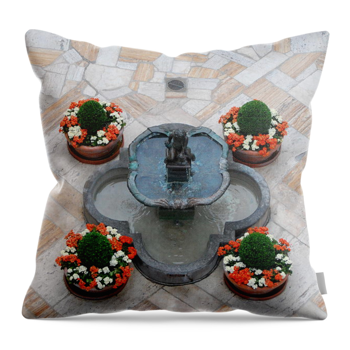 Mission Inn Throw Pillow featuring the photograph Mission Inn Fountain Overview by Amy Fose
