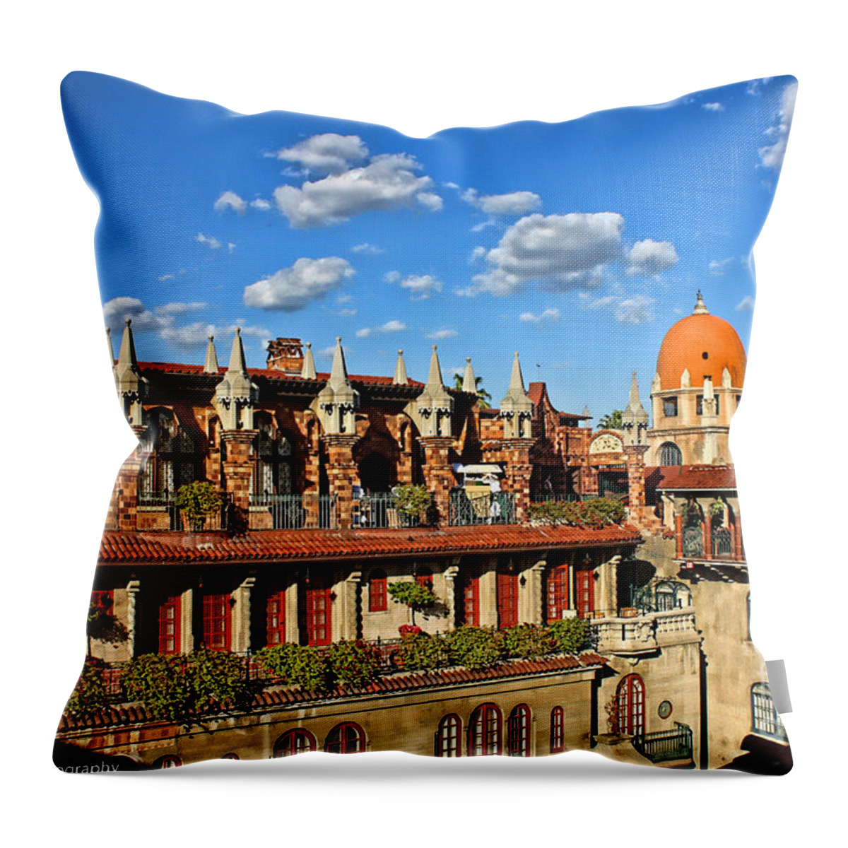 Mission Inn Throw Pillow featuring the photograph Mission Inn Skyline by Tommy Anderson