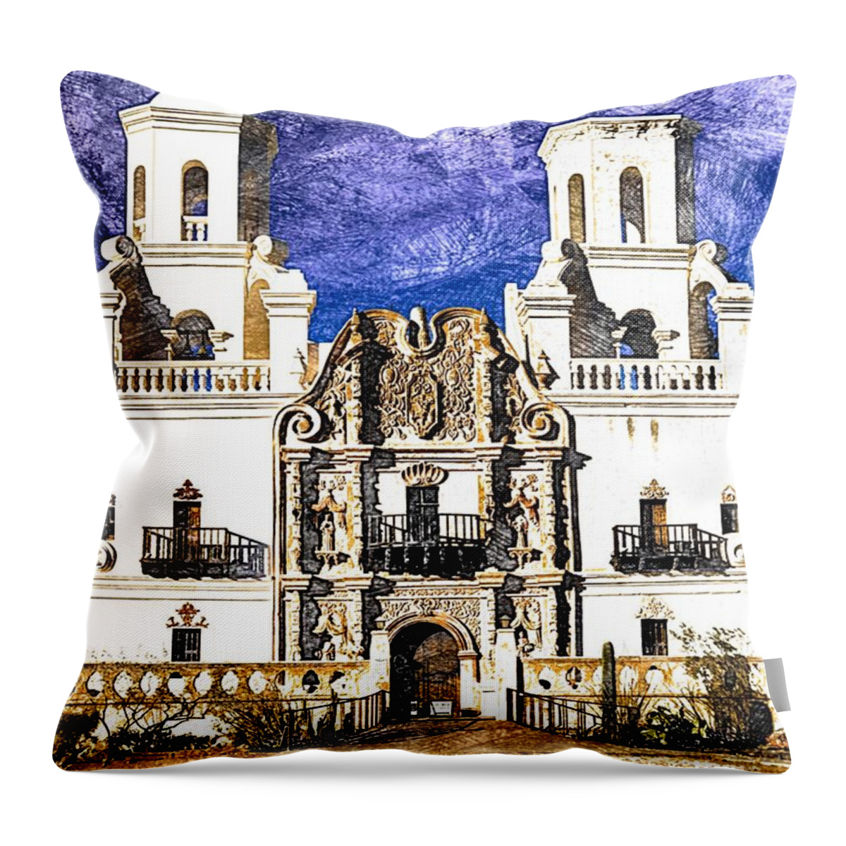 San Xavier Del Bac Throw Pillow featuring the digital art Mission San Xavier del Bac by Tatiana Travelways