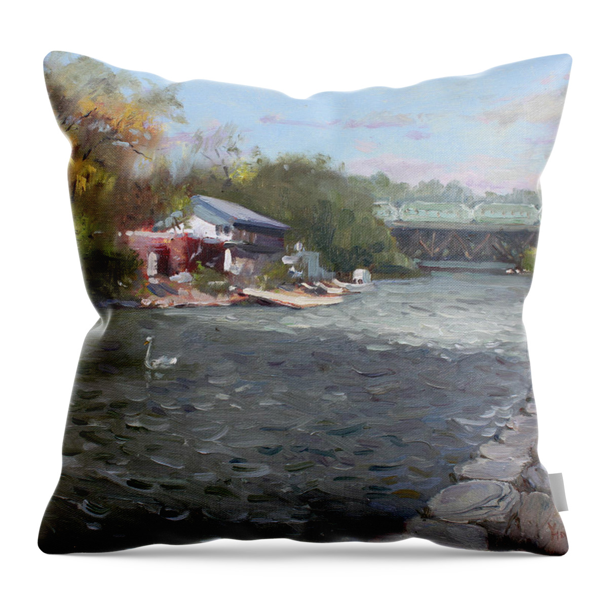Mississauga Throw Pillow featuring the painting Mississauga Canoe Club by Ylli Haruni