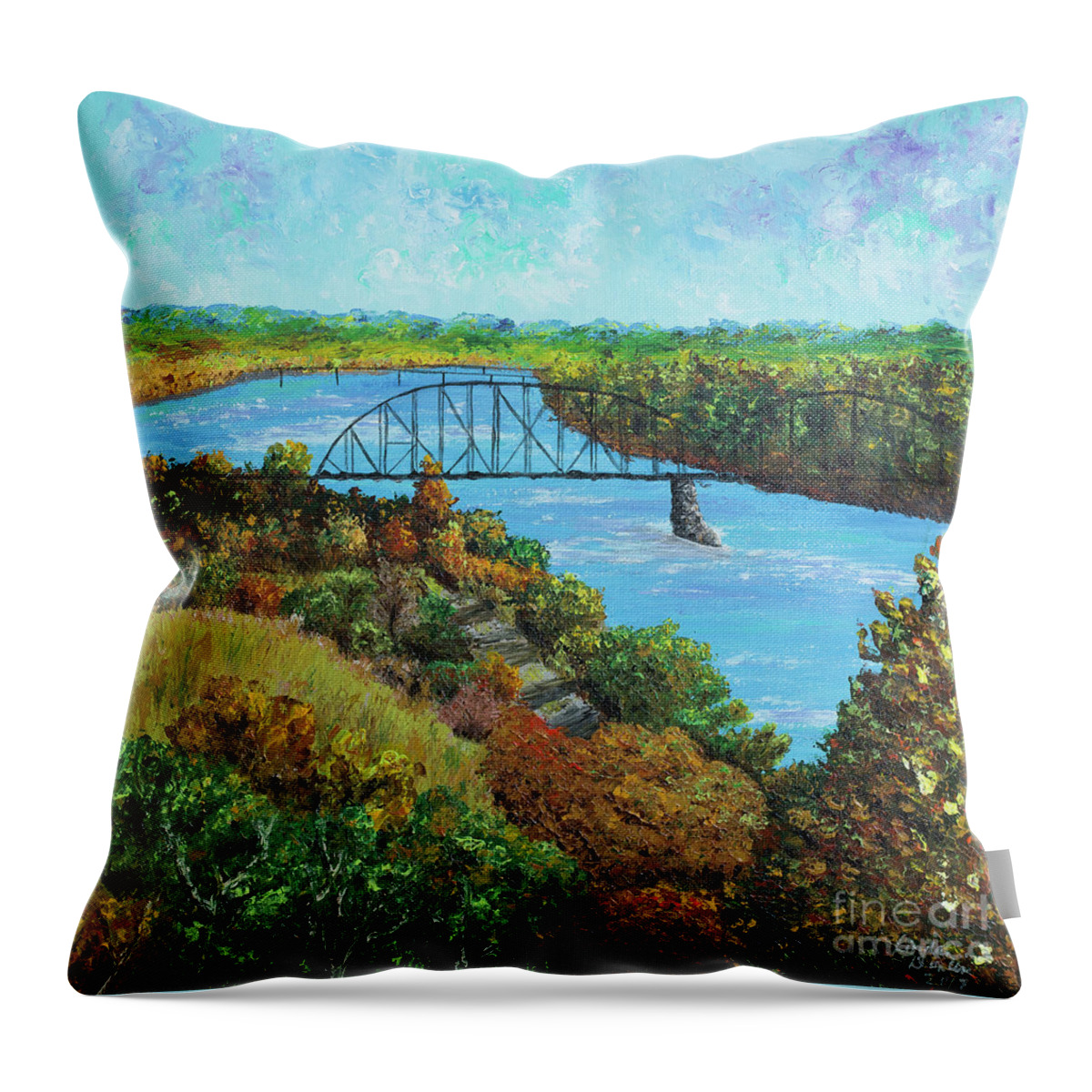 Missouri Throw Pillow featuring the painting Missouri River Crossing by Linda Donlin
