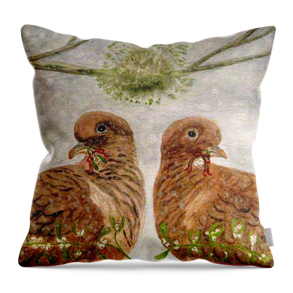 Turtle Doves Throw Pillow featuring the painting Mistletoe Magic by Angela Davies