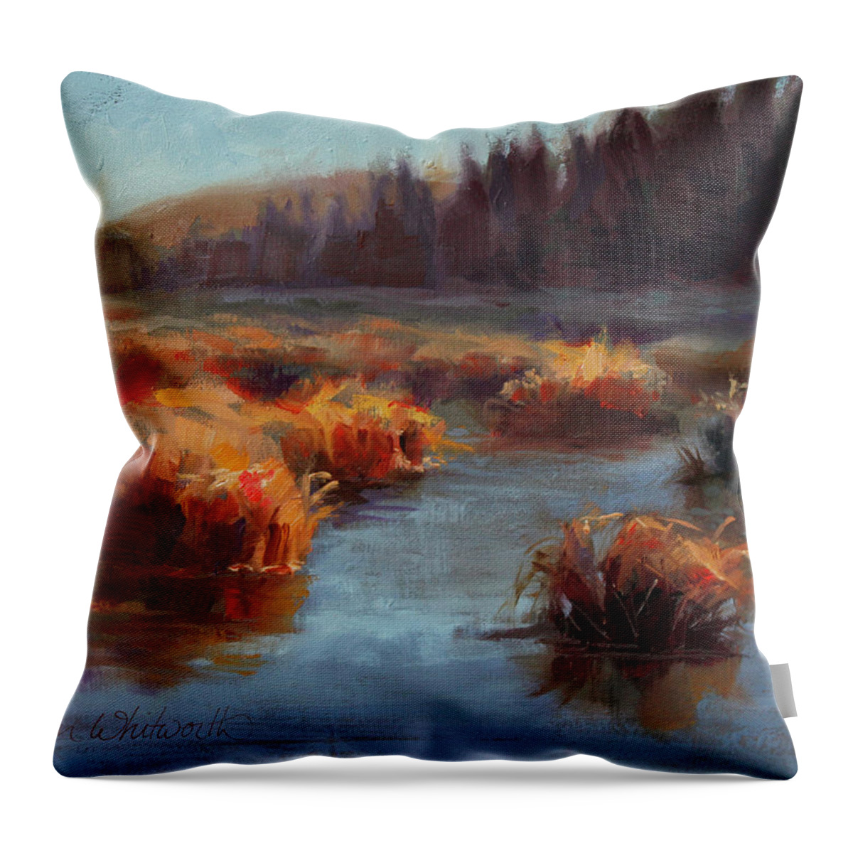 Landscape Throw Pillow featuring the painting Misty Autumn Meadow With Creek and Grass - Landscape Painting From Alaska by K Whitworth