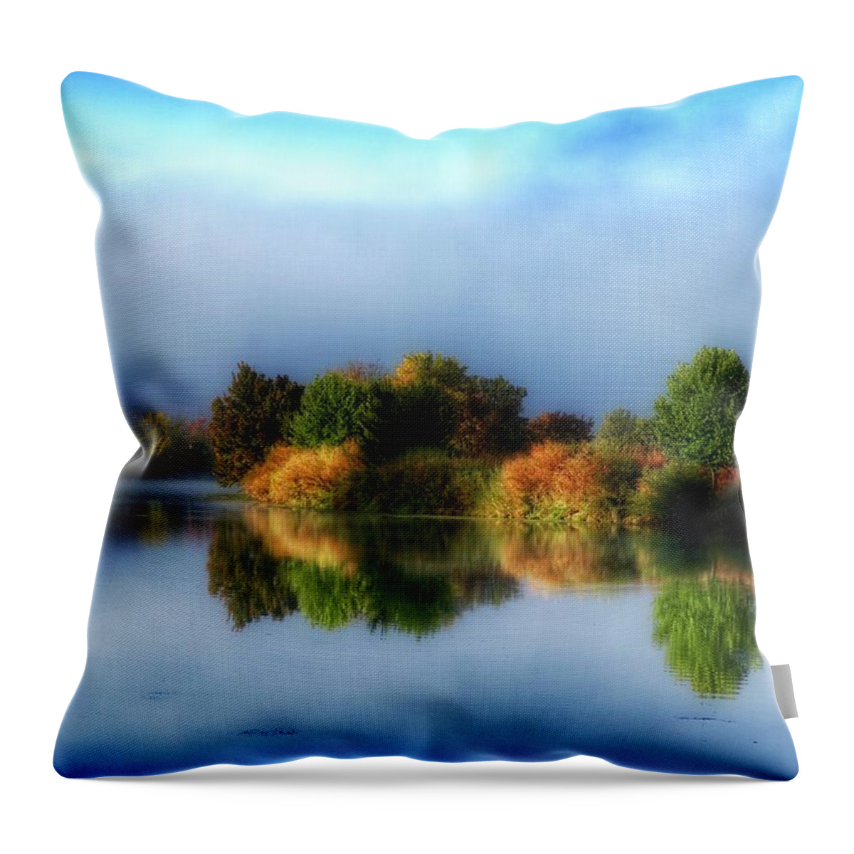 Misty Fall Colors On The River Throw Pillow featuring the photograph Misty fall colors on the river by Lynn Hopwood
