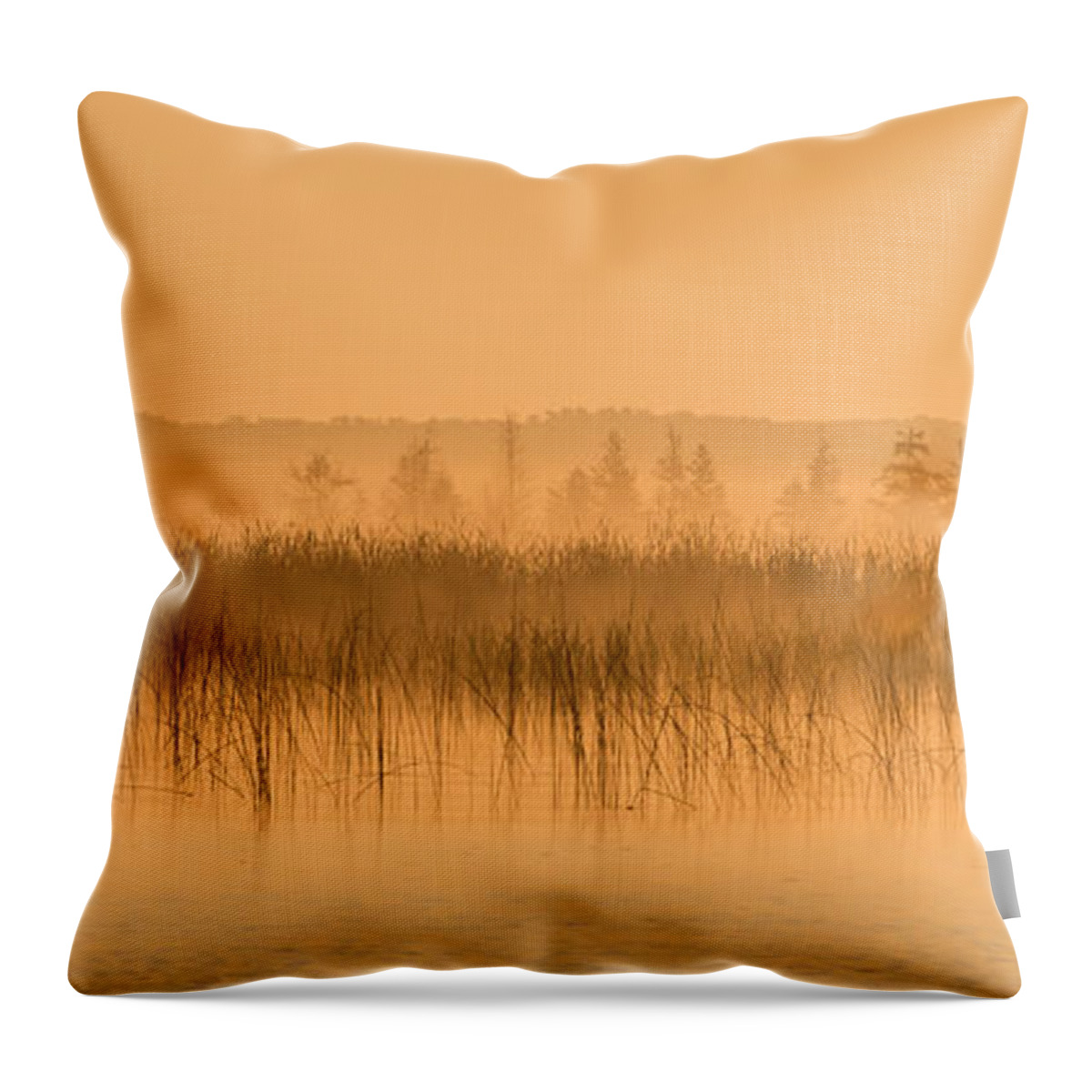 Orange Throw Pillow featuring the photograph Misty Morning Floating Bog Island on Boy Lake by Patti Deters
