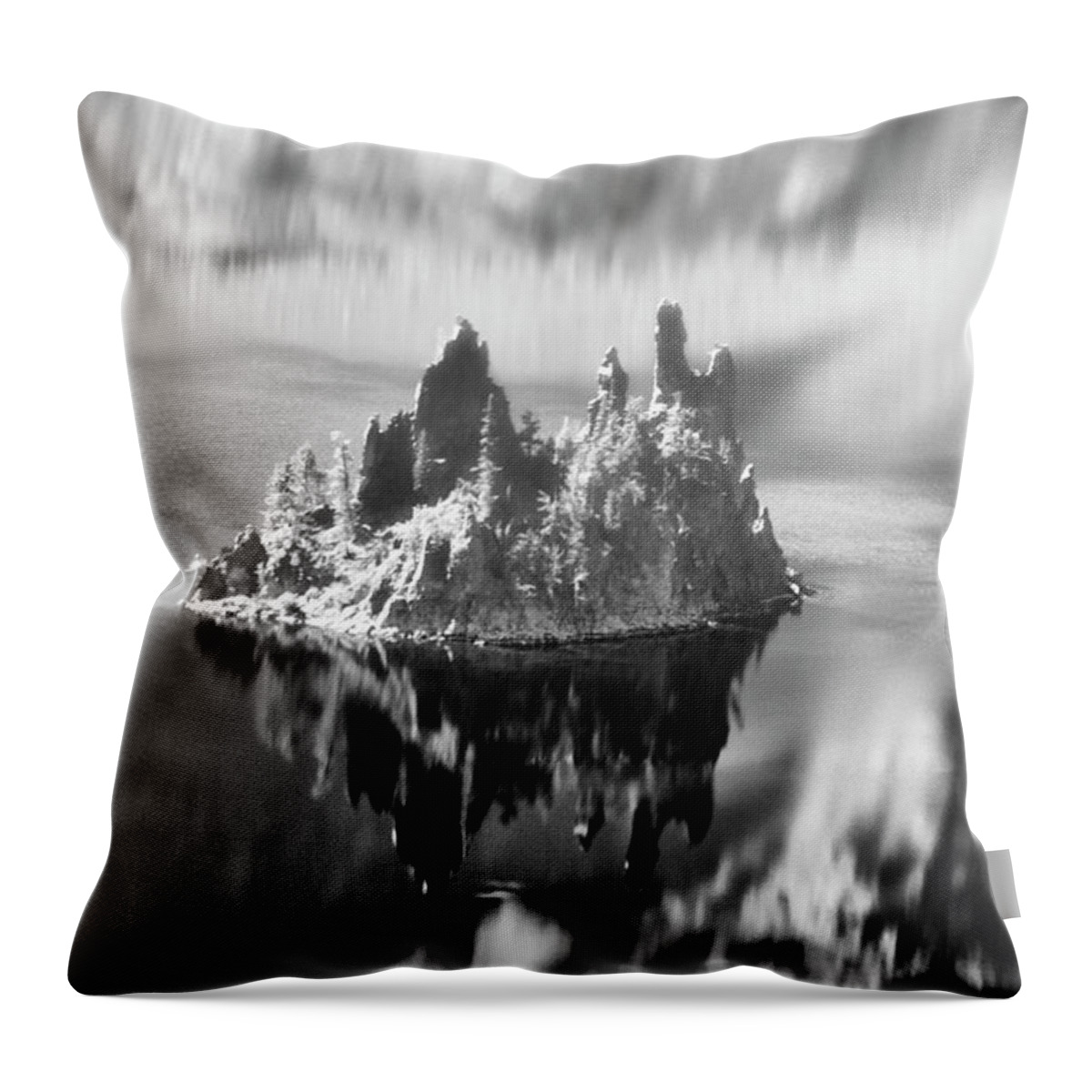 Crater Lake Throw Pillow featuring the photograph Misty Phantom Ship Island Crater Lake B W by Frank Wilson