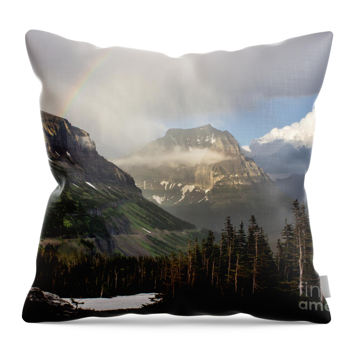 Rainbow Throw Pillow featuring the photograph Misty Rainbow at Glacier NP by Leslie Wells