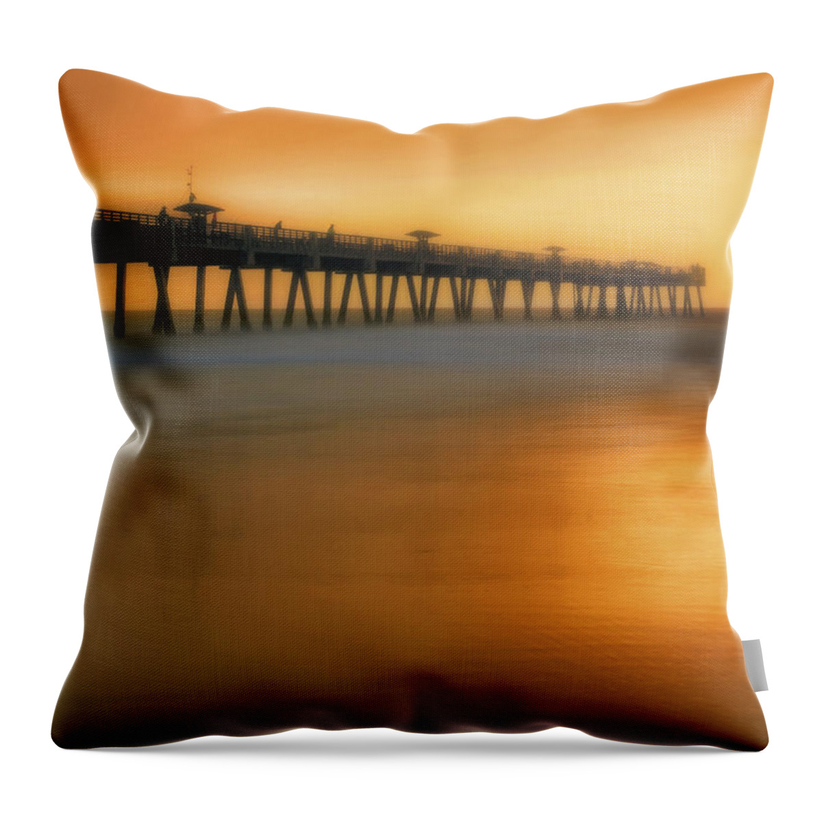 Florida Throw Pillow featuring the photograph Misty Seas at Jacksonville Beach Pier - Florida - Landscape - Seascape by Jason Politte