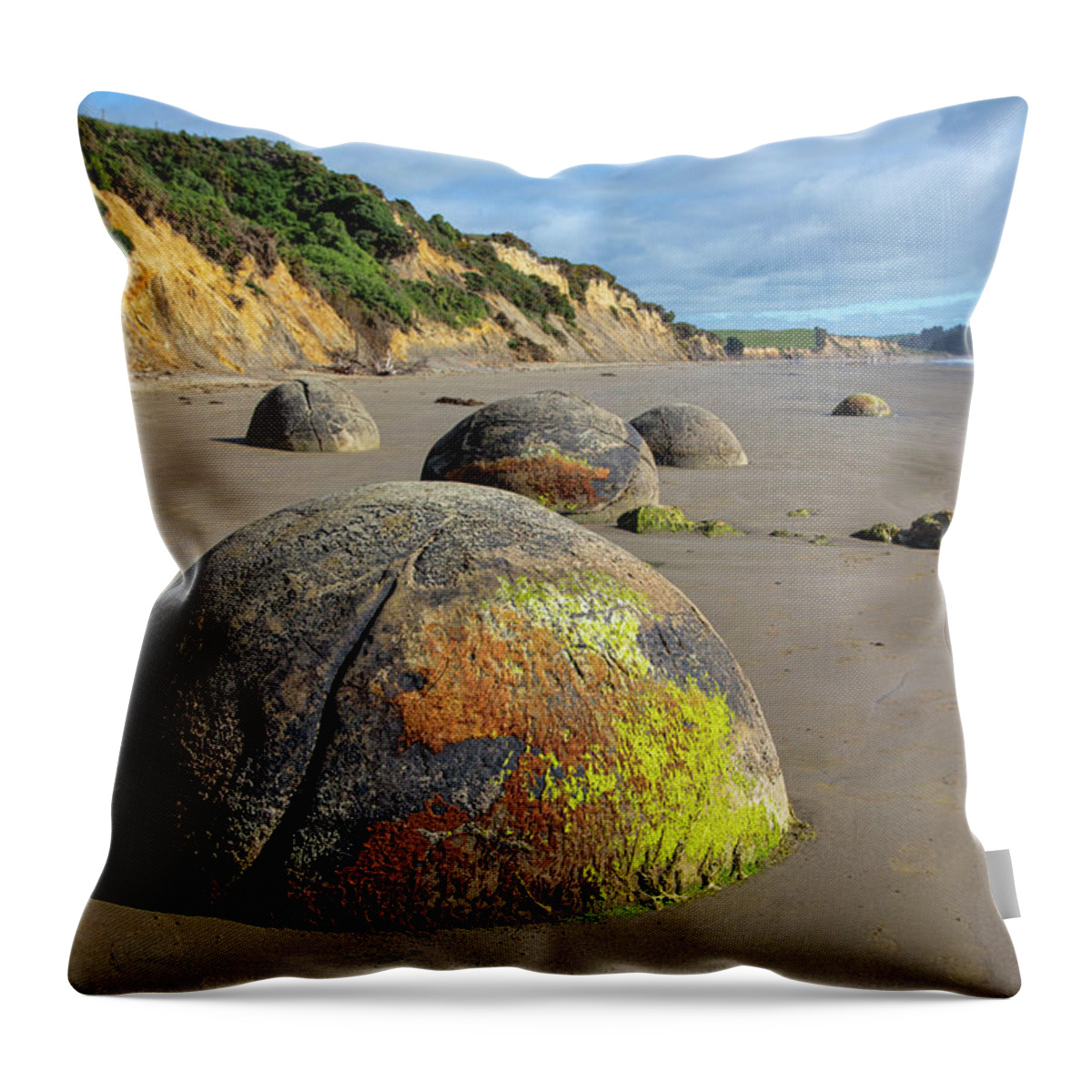 New Zealand Throw Pillow featuring the photograph Moeraki Boulders by Cheryl Strahl