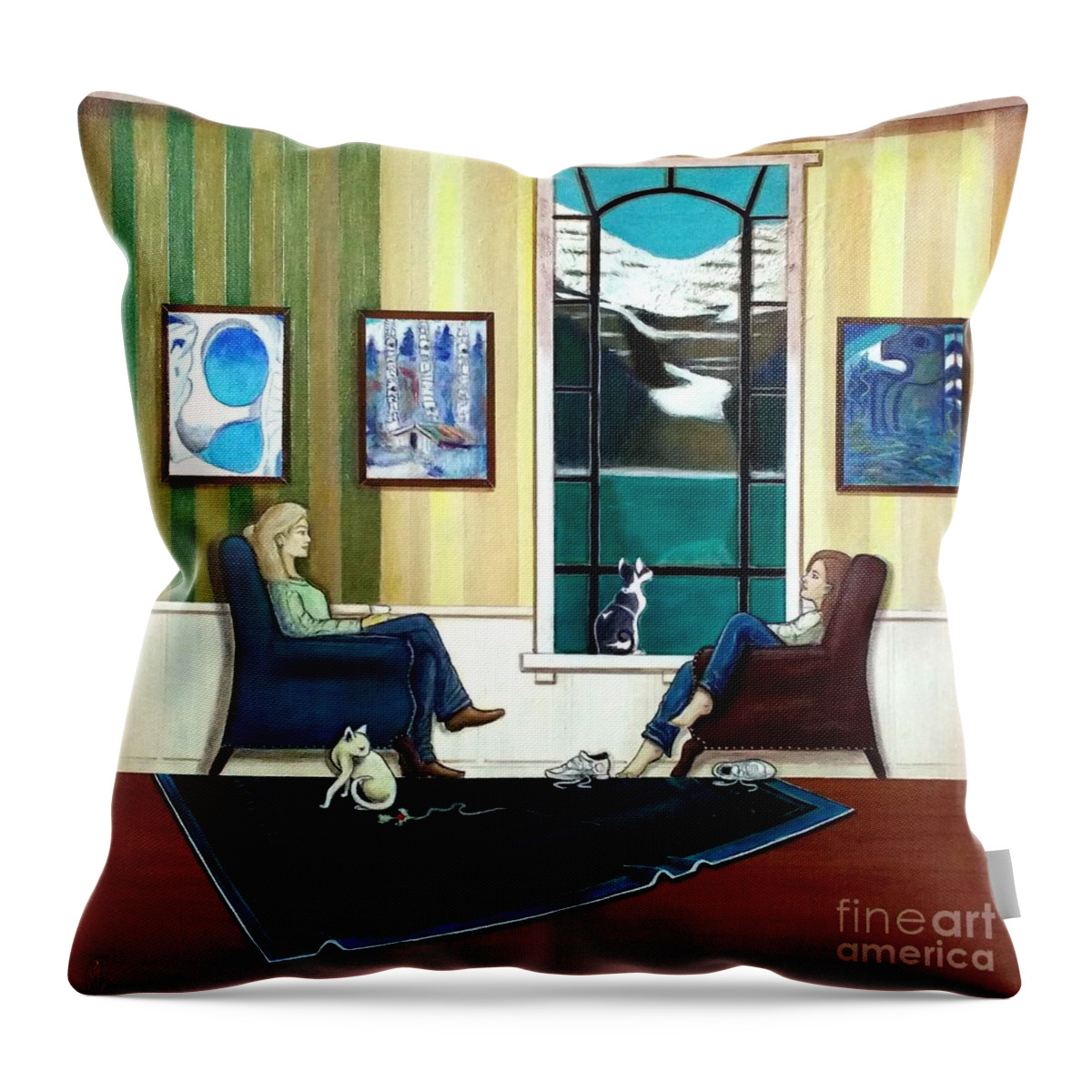 John Lyes Throw Pillow featuring the painting Mom and Daughter Sitting in Chairs with Sphynxes by John Lyes