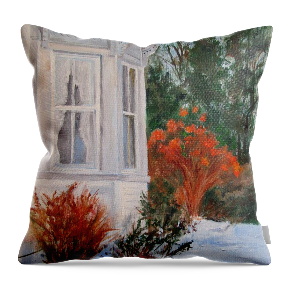 Barbara Moak Throw Pillow featuring the painting Mom's Winter Garden by Barbara Moak