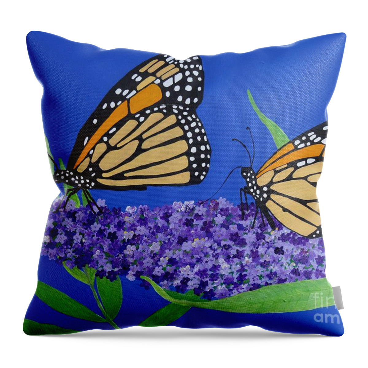 Monarch Butterflies Throw Pillow featuring the painting Monarch Butterflies on Buddleia Flower by Karen Jane Jones