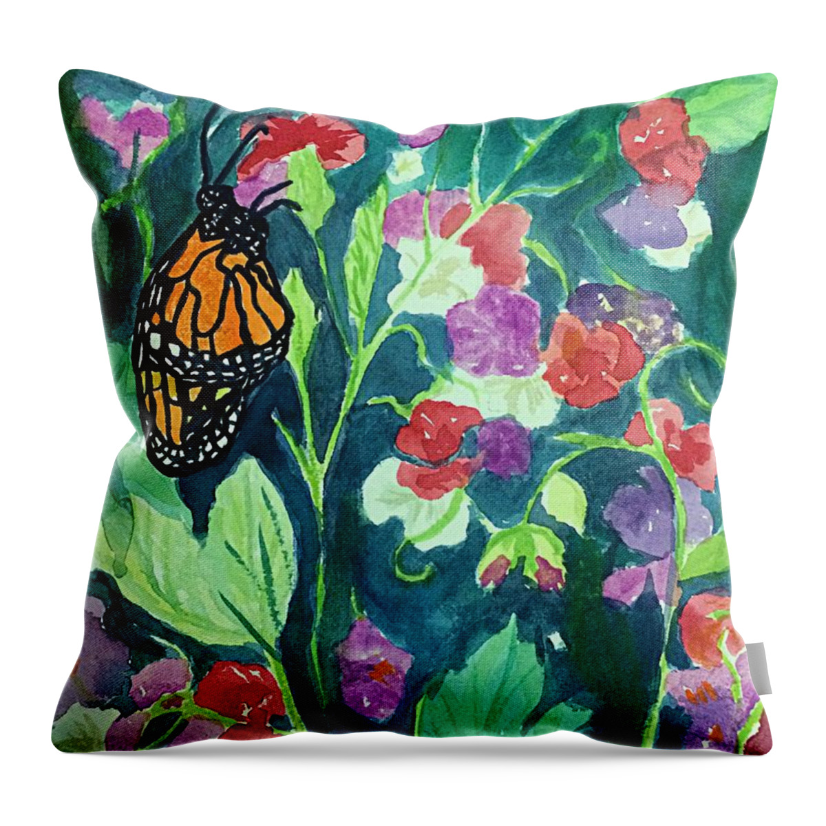 Monarch Butterfly Throw Pillow featuring the painting Monarch Butterfly Amid Sweetpeas by Ellen Levinson