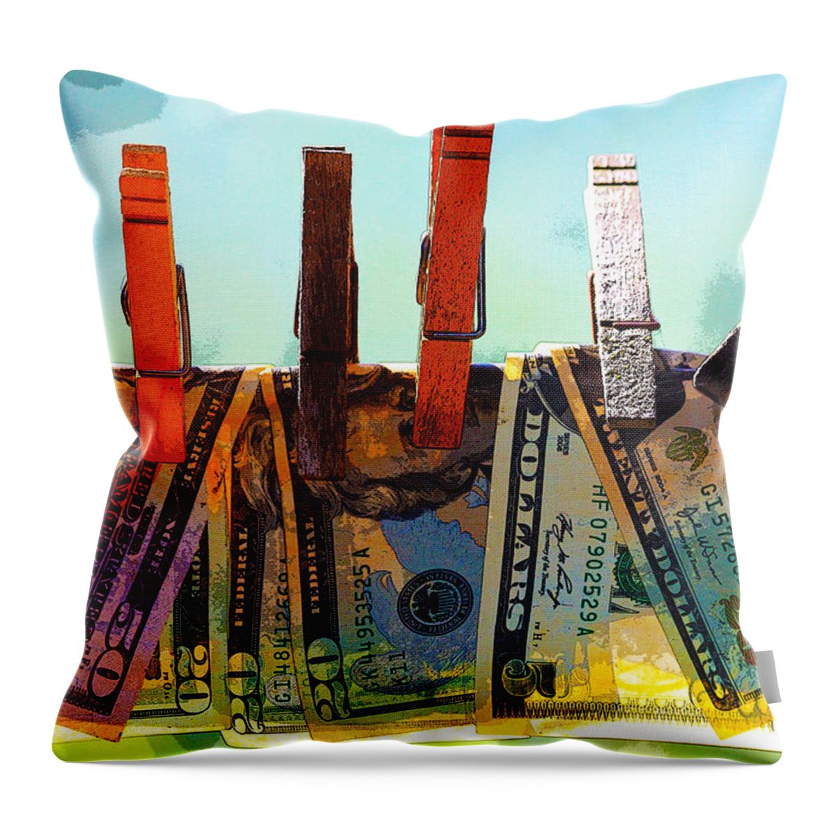 Clothespins Throw Pillow featuring the digital art Money Laundering by Karon Melillo DeVega