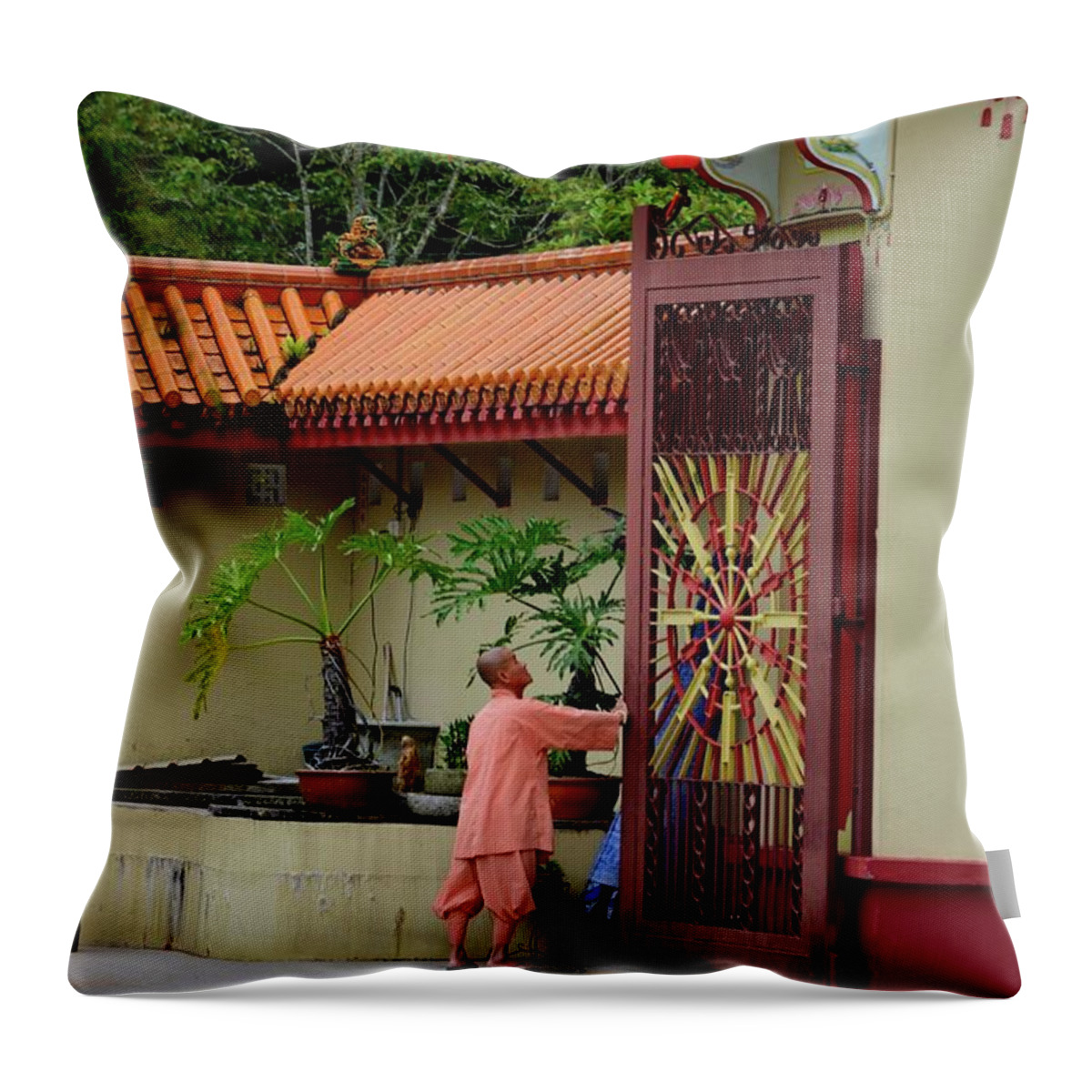 Temple Throw Pillow featuring the photograph Monk opens main gate and readies Sam Poh Chinese Buddhist temple Cameron Highlands Malaysia by Imran Ahmed