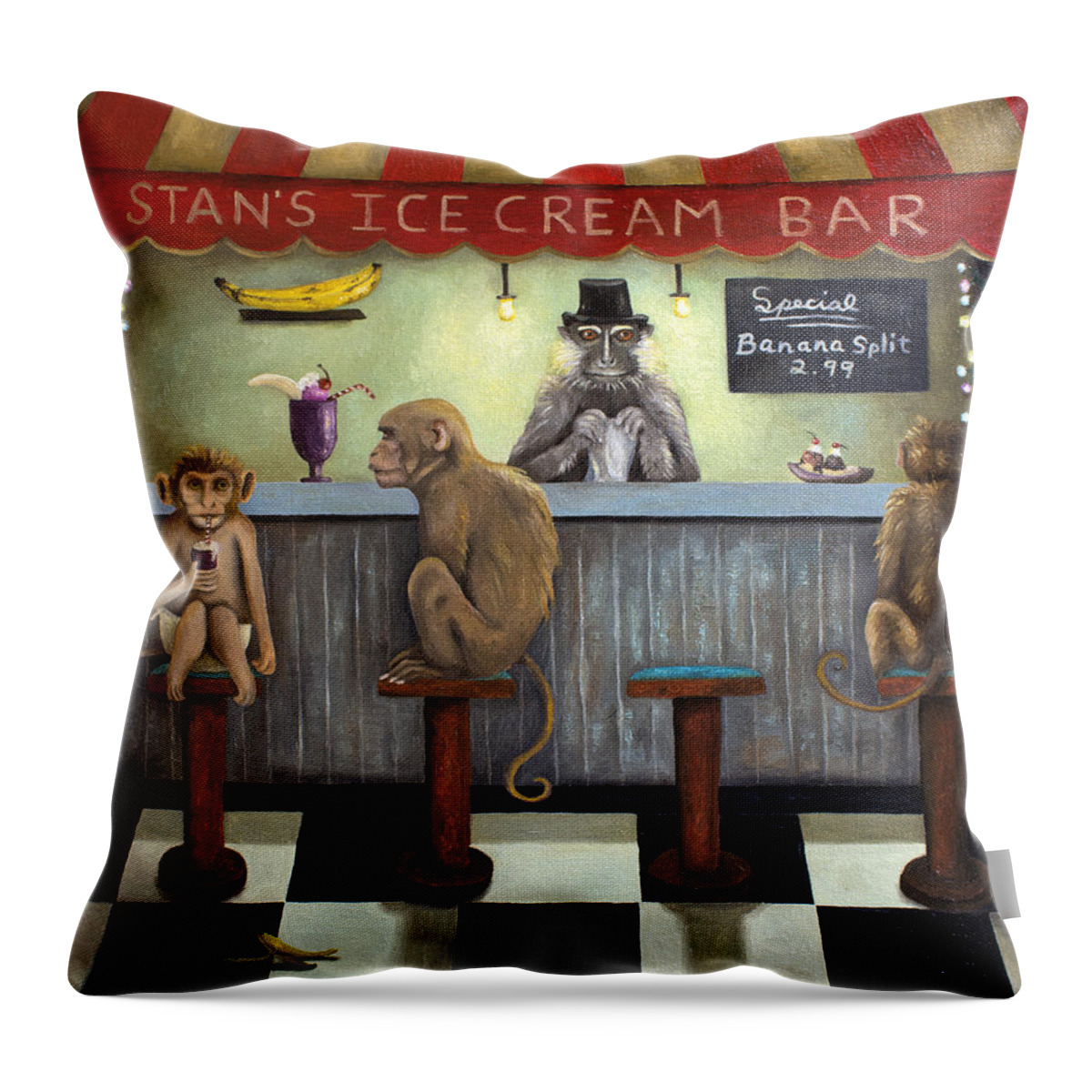 Bar Throw Pillow featuring the painting Monkey Business by Leah Saulnier The Painting Maniac