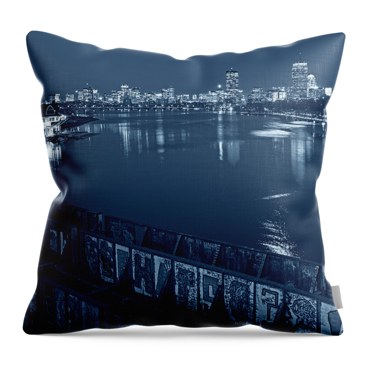 Boston Throw Pillow featuring the photograph Monochrome Blue Nights Charles River at Dusk Dewolfe Boathouse Boston Skyline by Toby McGuire