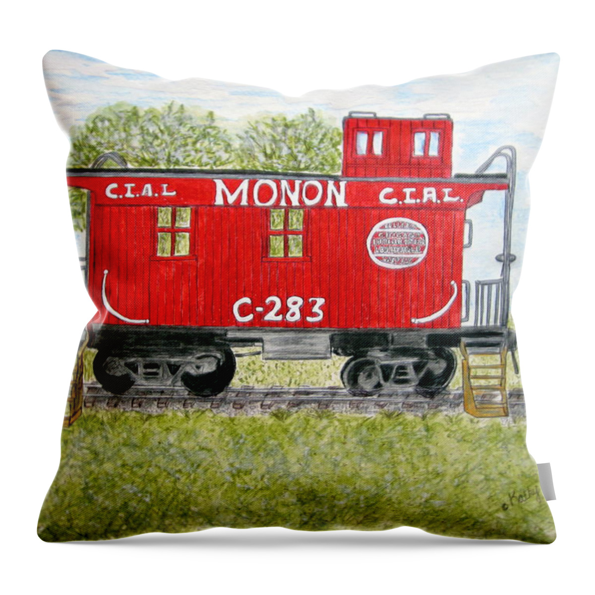 Monon Throw Pillow featuring the painting Monon Wood Caboose Train C 283 1950s by Kathy Marrs Chandler