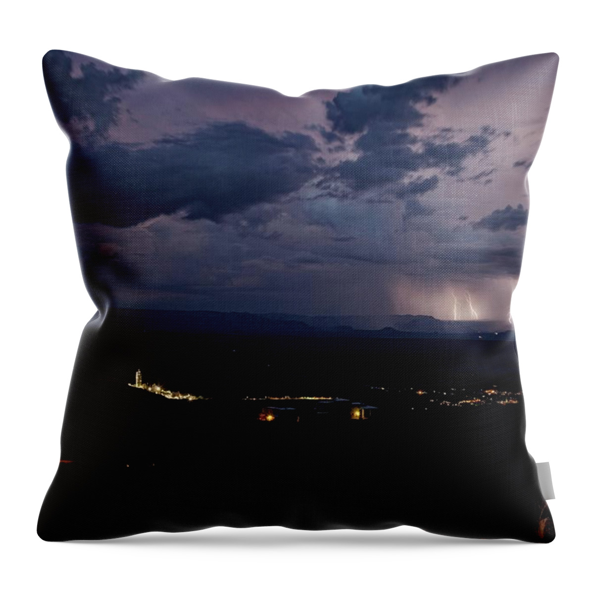 Dramatic Throw Pillow featuring the photograph Monsoon Lightning over Sedona from Jerome AZ by Ron Chilston