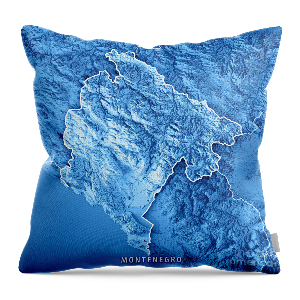 Montenegro Throw Pillow featuring the digital art Montenegro Country 3D Render Topographic Map Blue Border by Frank Ramspott