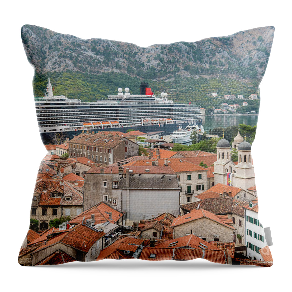 Montenegro Throw Pillow featuring the photograph Montenegro Kotor Rooftops And Port by Antony McAulay