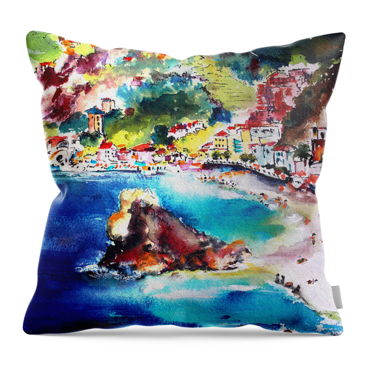 Italy Throw Pillow featuring the painting Monterosso Cinque Terre Italy by Ginette Callaway