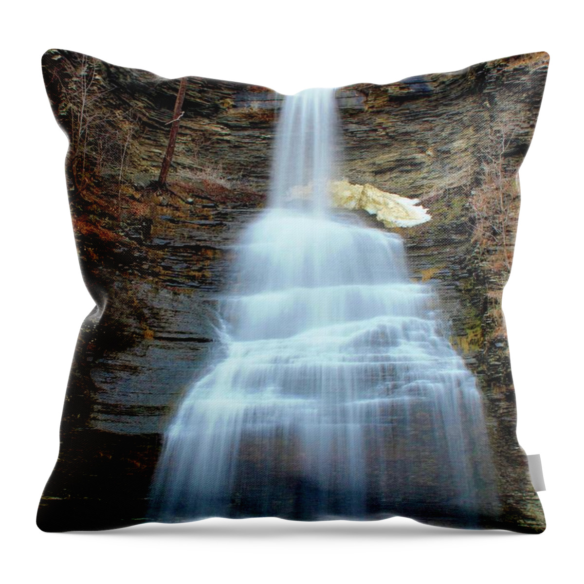 Water Fall Throw Pillow featuring the photograph Montour Falls and snow patch by Catie Canetti