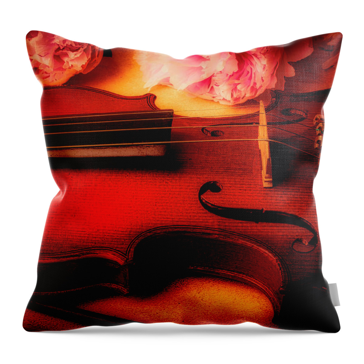 Pink Throw Pillow featuring the photograph Moody Violin With Peonies by Garry Gay