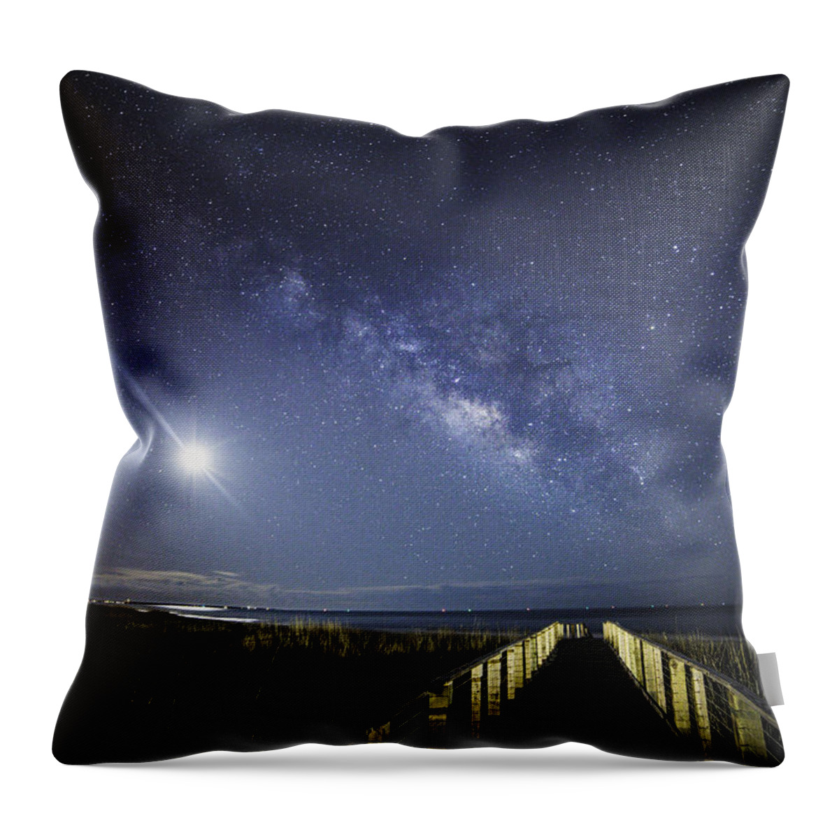 Moon Throw Pillow featuring the photograph Moon and Stars over Caswell Beach by Nick Noble