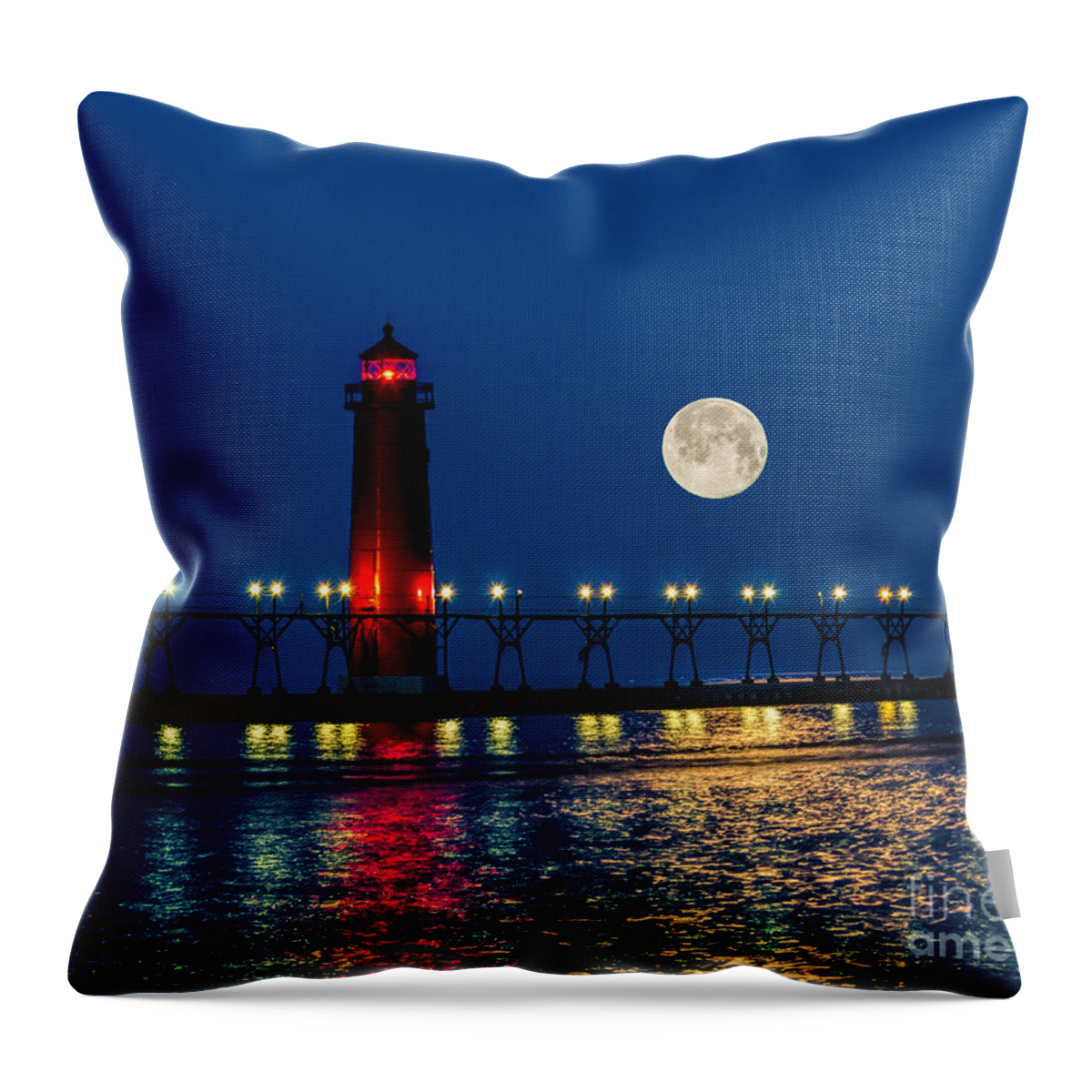 Grand Haven Throw Pillow featuring the photograph Moon over Grand Haven by Nick Zelinsky Jr