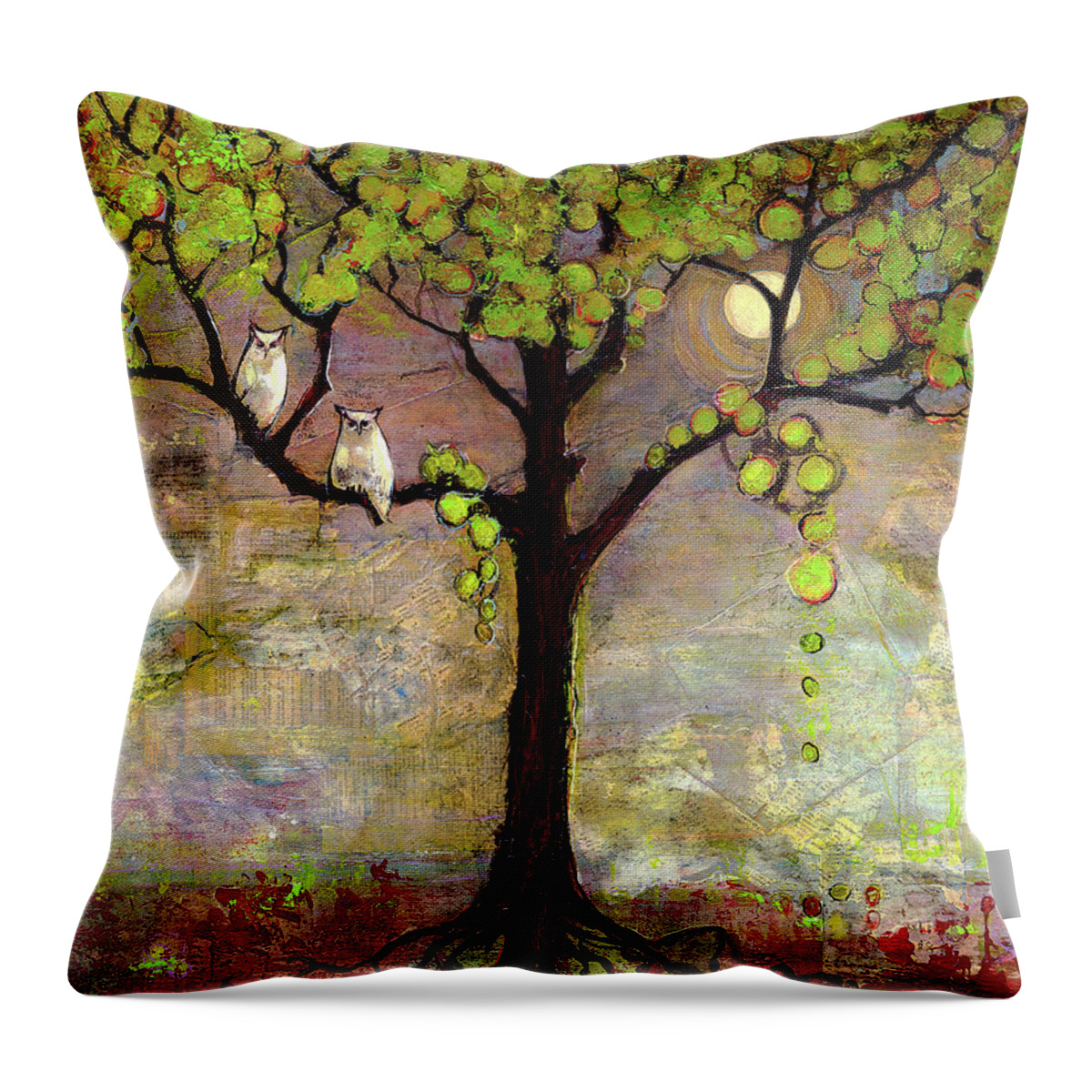 Owl Throw Pillow featuring the painting Moon River Tree Owls by Blenda Studio