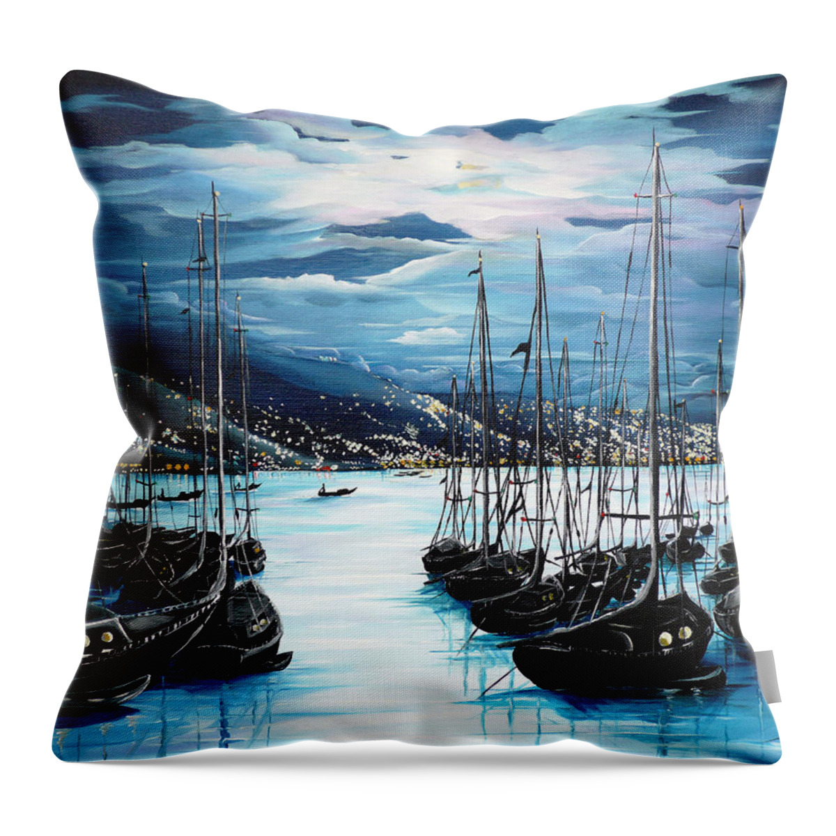 Ocean Painting  Caribbean Seascape Painting Moonlight Painting Yachts Painting Marina Moonlight Port Of Spain Trinidad And Tobago Painting Greeting Card Painting Throw Pillow featuring the painting Moonlight Over Port Of Spain by Karin Dawn Kelshall- Best