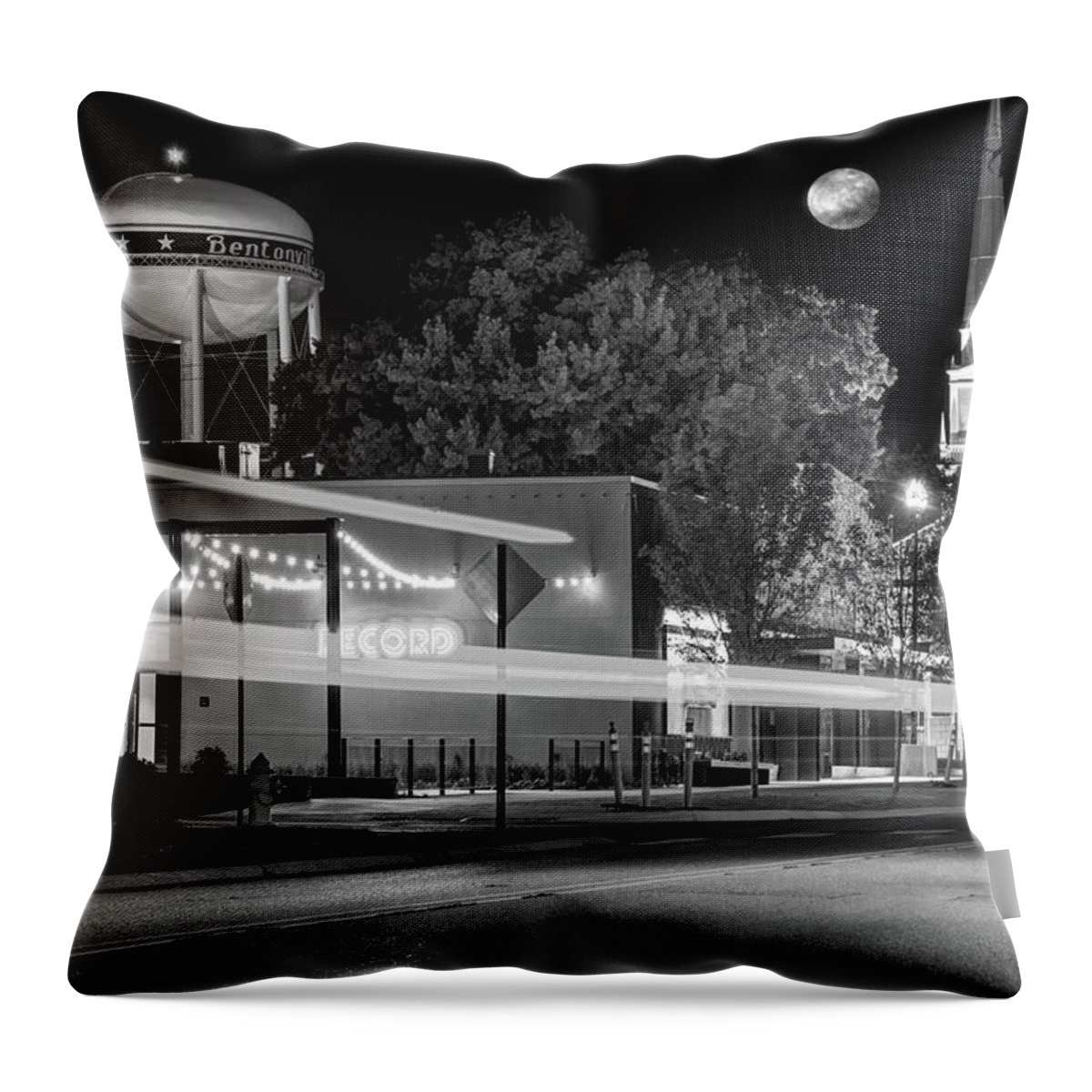 America Throw Pillow featuring the photograph Moonlight Over The Bentonville Record and Water Tower - Black and White by Gregory Ballos